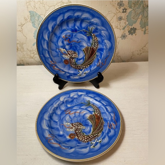 Vintage Japanese Dragon Ware Set Of 2 Plates Blue Moriage Dragon Hand Painted - Picture 1 of 9